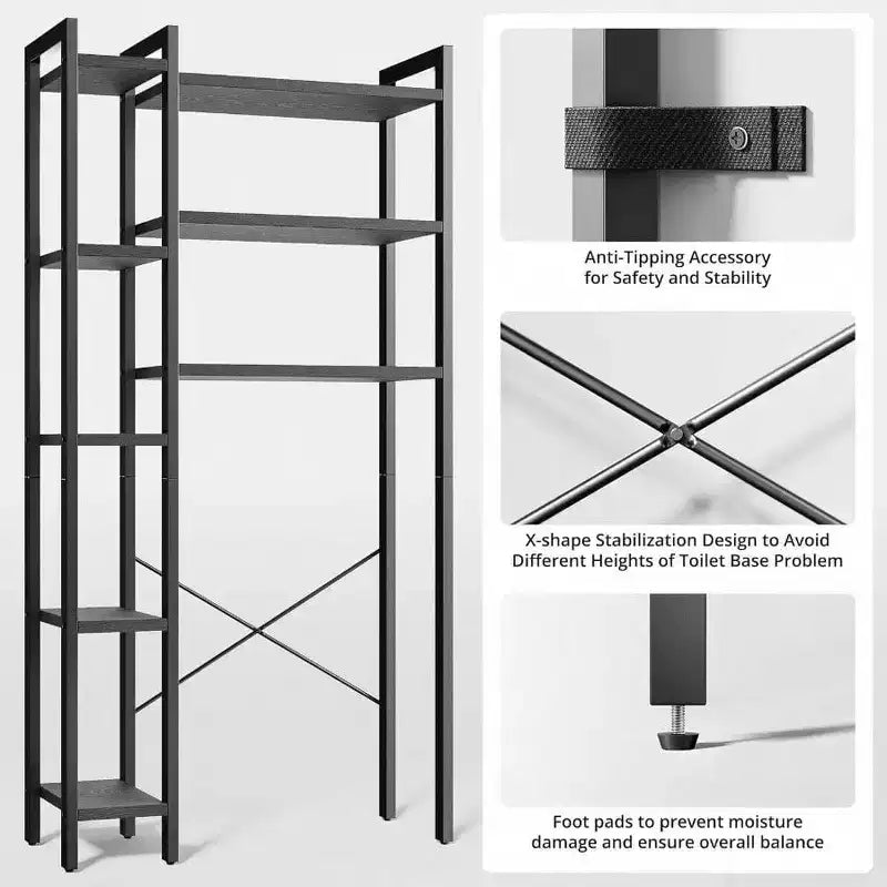 Étagère de rangement 8 niveaux au-dessus des toilettes – Organisateur de salle de bain autoportant, noir