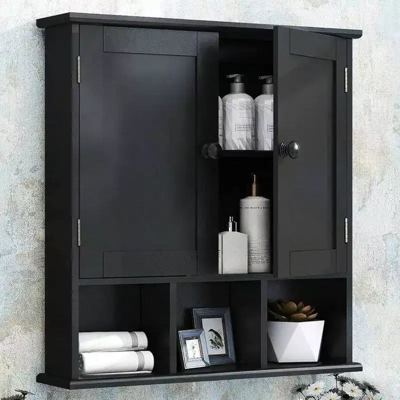 Black Bathroom Over Toilet Storage Cabinet Wall Cabinet Organizer with 2 Door Adjustable Shelves Wooden Modern Bathroom