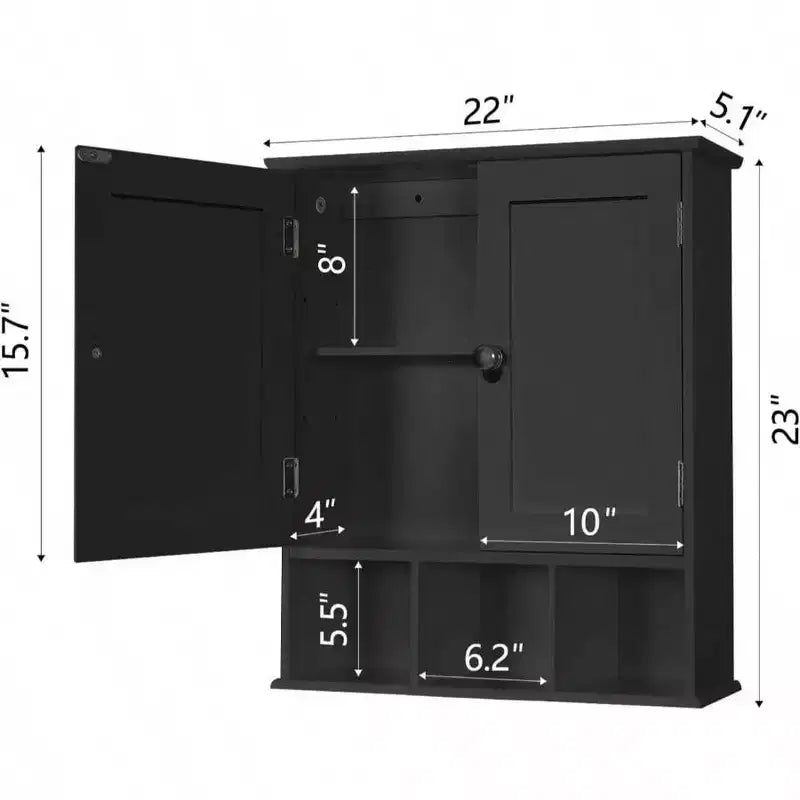 Meuble de rangement mural de salle de bain noir au-dessus des toilettes avec 2 portes et étagères réglables en bois moderne