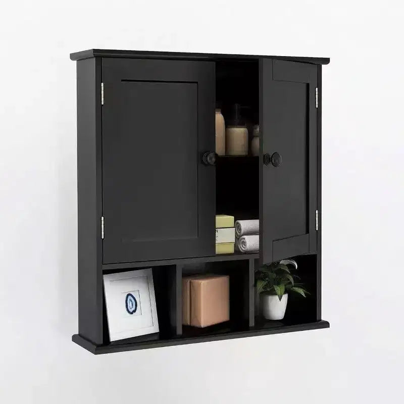 Meuble de rangement mural de salle de bain noir au-dessus des toilettes avec 2 portes et étagères réglables en bois moderne