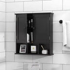 Meuble de rangement mural de salle de bain noir au-dessus des toilettes avec 2 portes et étagères réglables en bois moderne