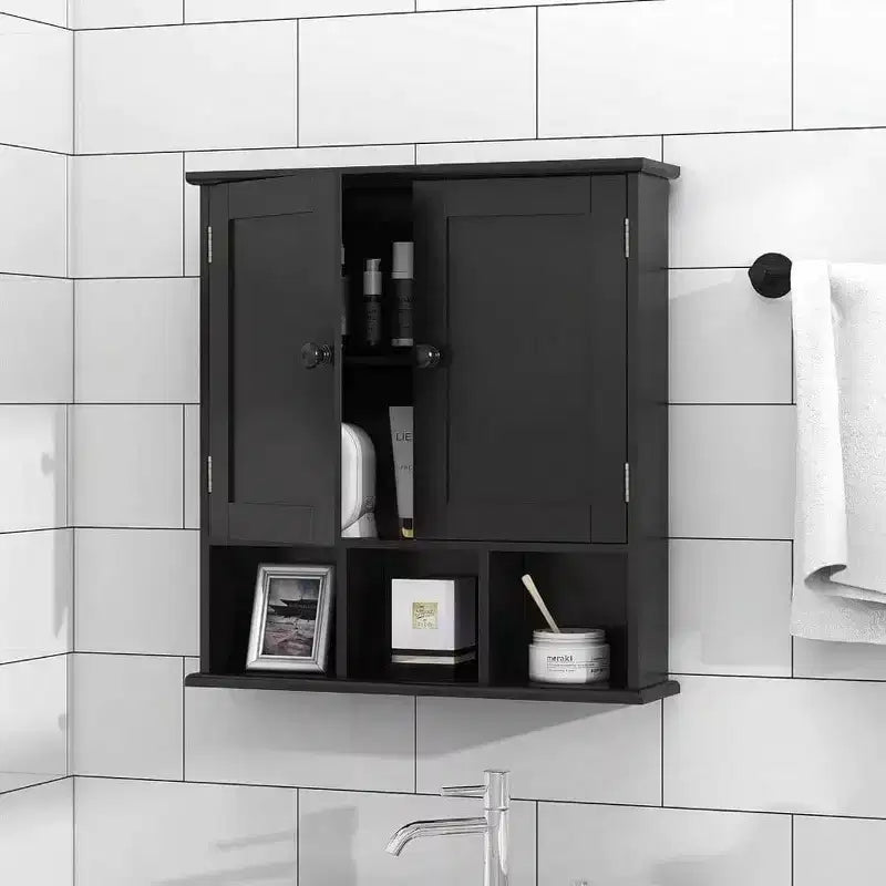 Meuble de rangement mural de salle de bain noir au-dessus des toilettes avec 2 portes et étagères réglables en bois moderne