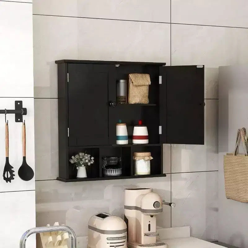 Meuble de rangement mural de salle de bain noir au-dessus des toilettes avec 2 portes et étagères réglables en bois moderne