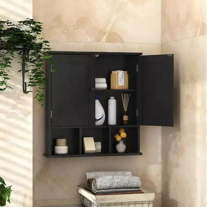 Meuble de rangement mural de salle de bain noir au-dessus des toilettes avec 2 portes et étagères réglables en bois moderne
