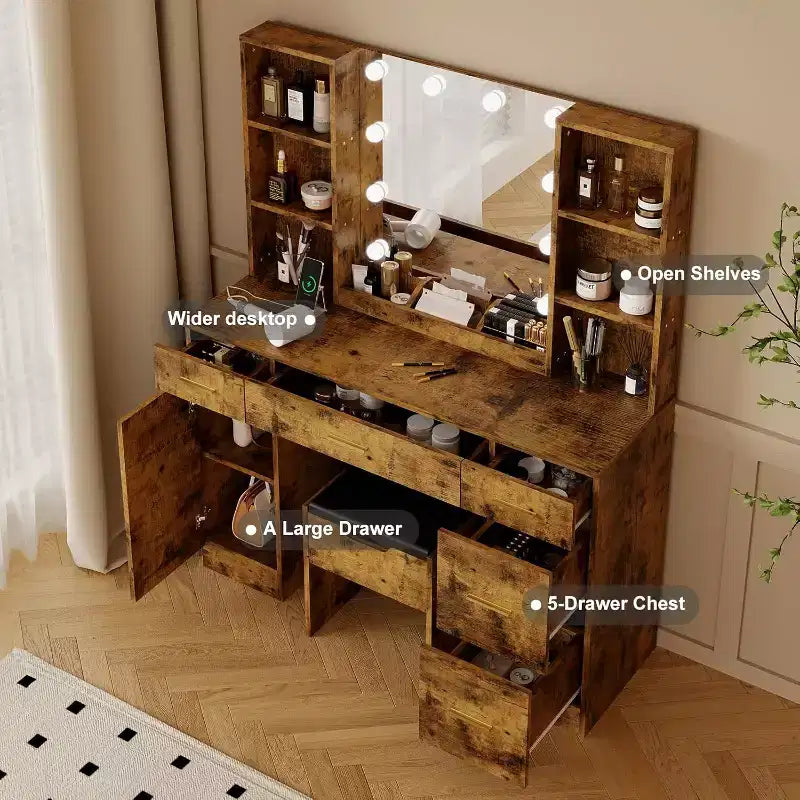 Coiffeuse avec miroir et lumières, prise électrique, grande coiffeuse avec 5 tiroirs, 6 étagères ouvertes, armoires, avec tabouret