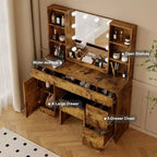 Coiffeuse avec miroir et lumières, prise électrique, grande coiffeuse avec 5 tiroirs, 6 étagères ouvertes, armoires, avec tabouret