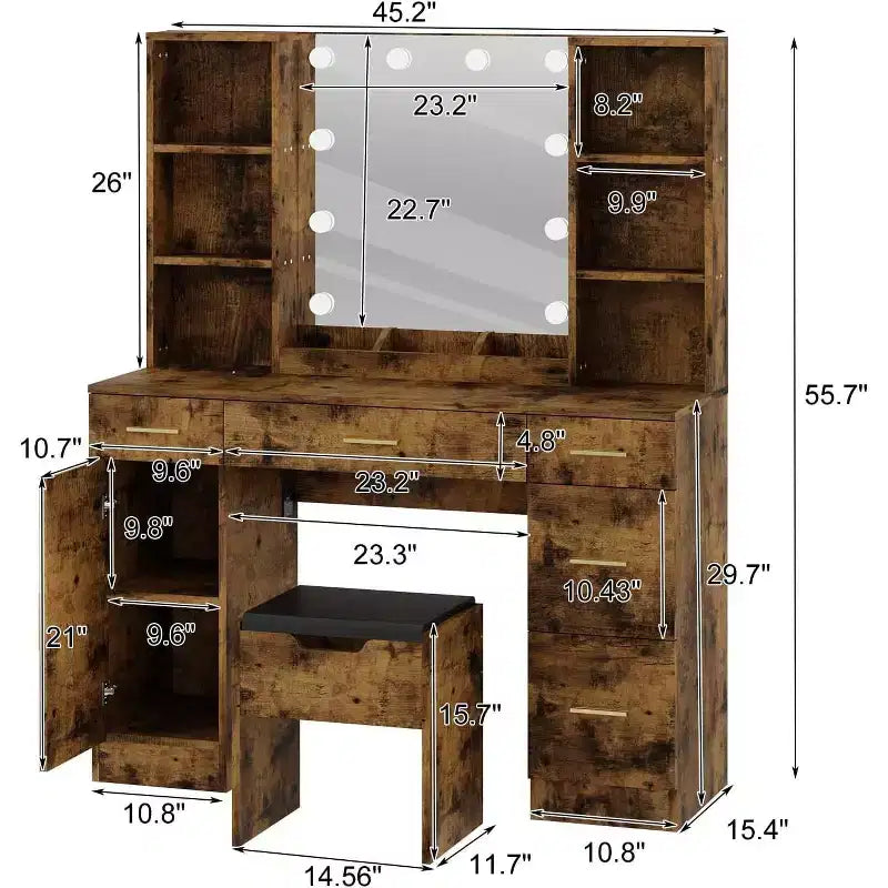 Coiffeuse avec miroir et lumières, prise électrique, grande coiffeuse avec 5 tiroirs, 6 étagères ouvertes, armoires, avec tabouret