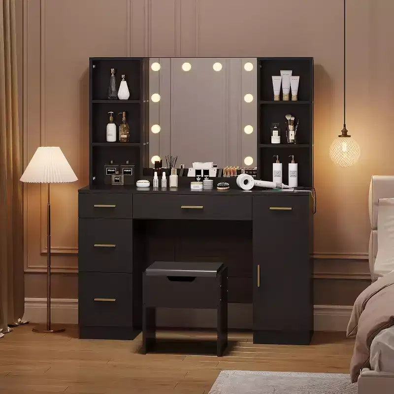 Coiffeuse avec miroir et lumières, prise électrique, grande coiffeuse avec 5 tiroirs, 6 étagères ouvertes, armoires, avec tabouret