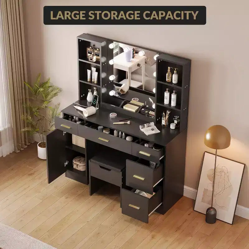 Coiffeuse avec miroir et lumières, prise électrique, grande coiffeuse avec 5 tiroirs, 6 étagères ouvertes, armoires, avec tabouret