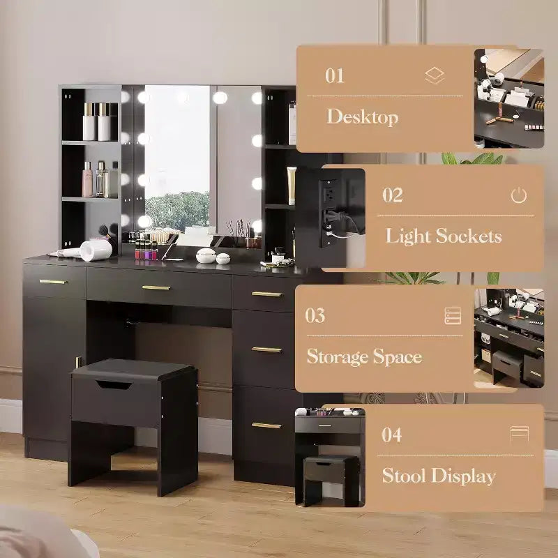 Coiffeuse avec miroir et lumières, prise électrique, grande coiffeuse avec 5 tiroirs, 6 étagères ouvertes, armoires, avec tabouret