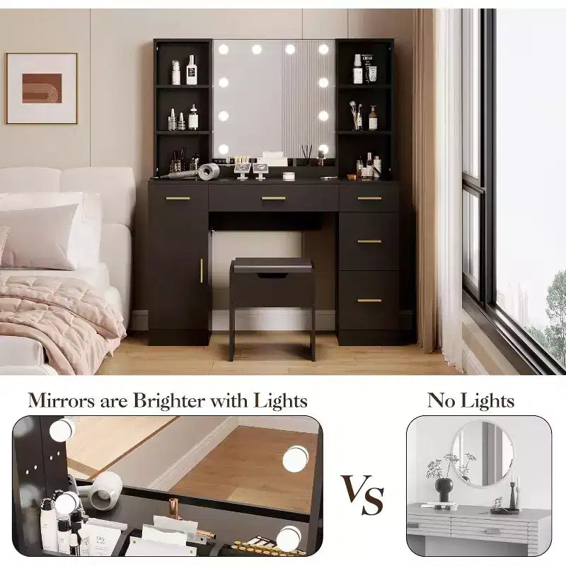 Coiffeuse avec miroir et lumières, prise électrique, grande coiffeuse avec 5 tiroirs, 6 étagères ouvertes, armoires, avec tabouret