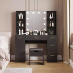 Vanity Desk Table With Mirror and Lights , Power,Large Makeup Vanity With 5 Drawers, 6 Open Shelves, Cabinets, With Stool