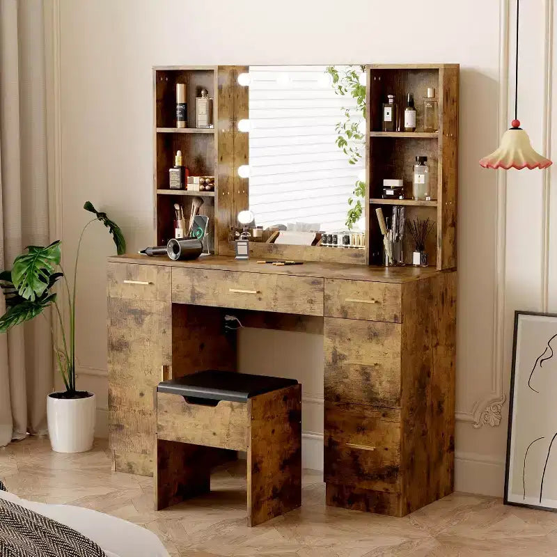 Coiffeuse avec miroir et lumières, prise électrique, grande coiffeuse avec 5 tiroirs, 6 étagères ouvertes, armoires, avec tabouret