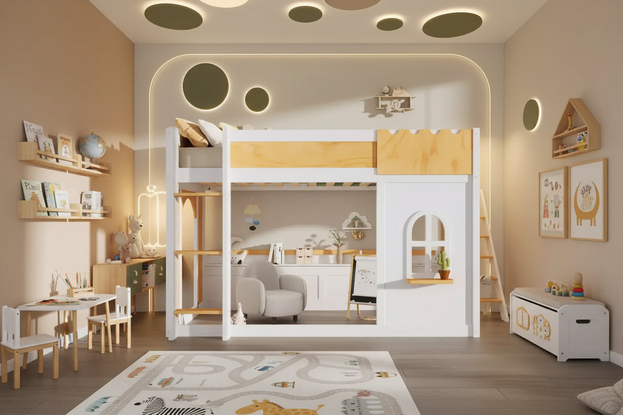 GDFStudio Rex Space-Saving Bunk Bed with Storage Shelves and Playful Window