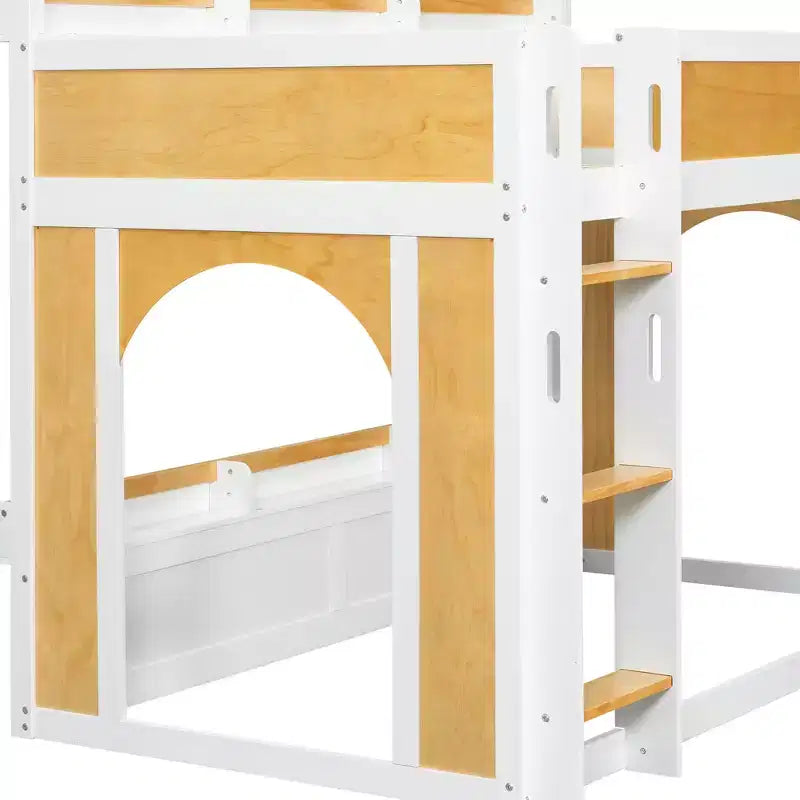 Lit superposé compact avec étagères de rangement intégrées et fenêtre ludique, en pin massif