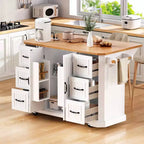 Îlot de cuisine de 142 cm – Abattant, prise de courant, 6 tiroirs profonds, 4 étagères de porte, roulettes