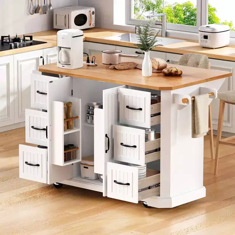 Îlot de cuisine de 142 cm – Abattant, prise de courant, 6 tiroirs profonds, 4 étagères de porte, roulettes