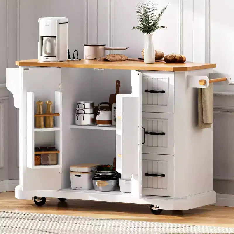 Îlot de cuisine de 142 cm – Abattant, prise de courant, 6 tiroirs profonds, 4 étagères de porte, roulettes