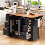 Îlot de cuisine de 142 cm – Abattant, prise de courant, 6 tiroirs profonds, 4 étagères de porte, roulettes