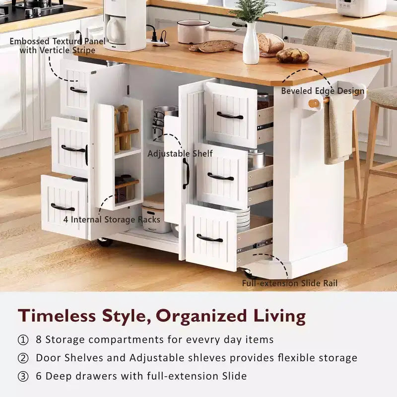 Îlot de cuisine de 142 cm – Abattant, prise de courant, 6 tiroirs profonds, 4 étagères de porte, roulettes