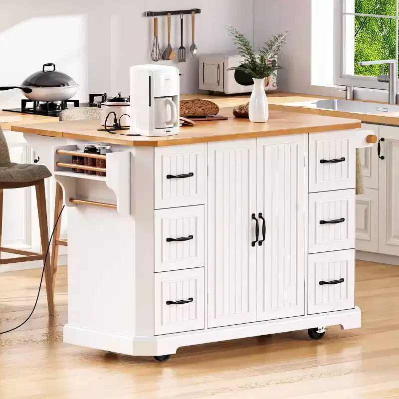 Îlot de cuisine de 142 cm – Abattant, prise de courant, 6 tiroirs profonds, 4 étagères de porte, roulettes
