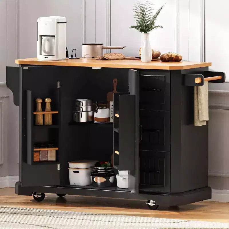 Îlot de cuisine de 142 cm – Abattant, prise de courant, 6 tiroirs profonds, 4 étagères de porte, roulettes