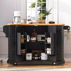 MAYEERTY White 56 Kitchen Island Rubber Wood Veneer Drop Leaf, Power Outlet 4 Door Shelves 6 Deep Drawers Rolling Cart