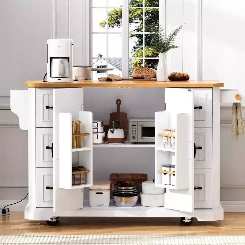 Îlot de cuisine de 142 cm – Abattant, prise de courant, 6 tiroirs profonds, 4 étagères de porte, roulettes