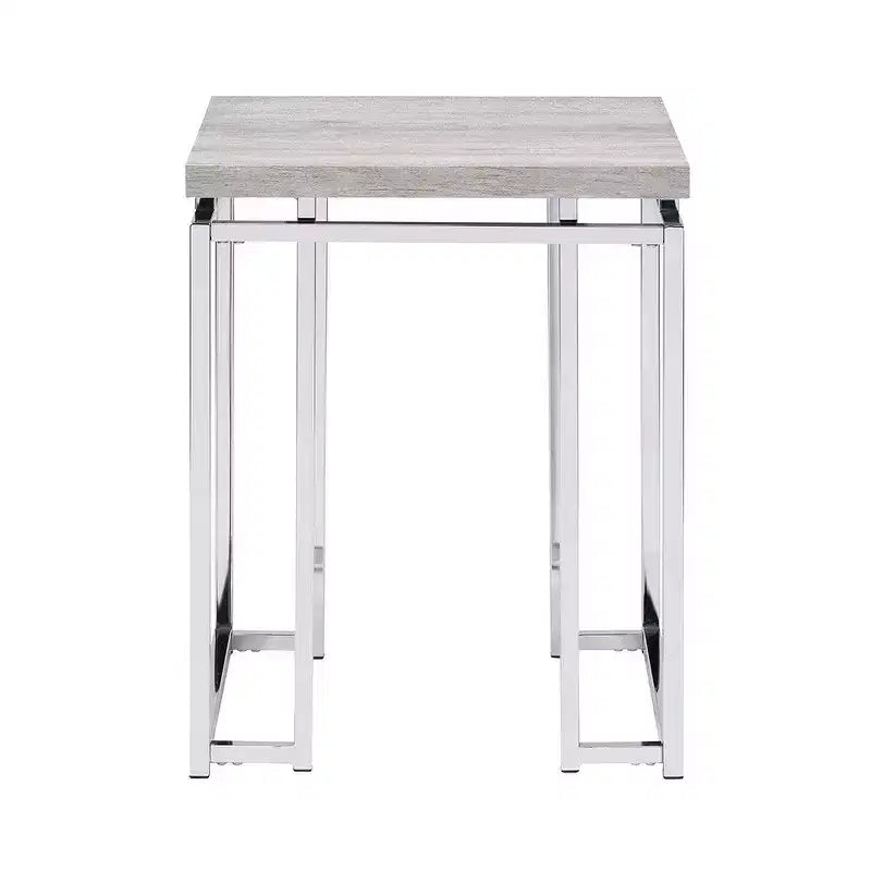 Table d'appoint – Plateau rectangulaire en bois, pieds traîneaux en métal argenté, marron et argent