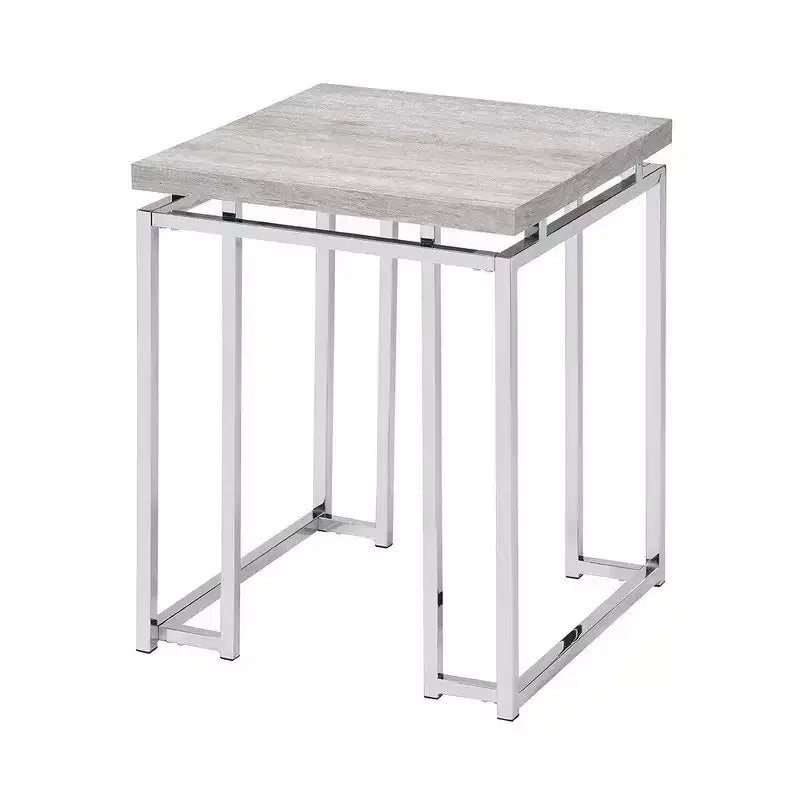 Table d'appoint – Plateau rectangulaire en bois, pieds traîneaux en métal argenté, marron et argent