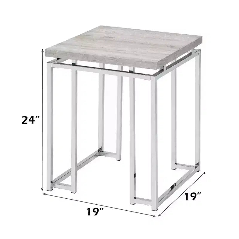 Table d'appoint – Plateau rectangulaire en bois, pieds traîneaux en métal argenté, marron et argent
