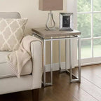 Table d'appoint – Plateau rectangulaire en bois, pieds traîneaux en métal argenté, marron et argent