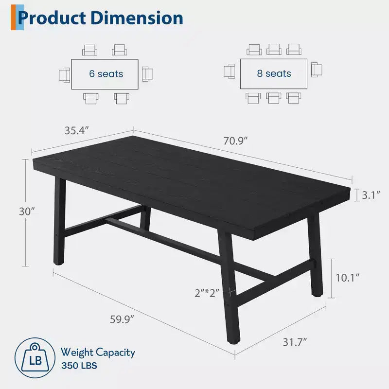 Table à manger industrielle 70,87" pour 6 à 8 personnes – Plateau en bois, cadre métallique robuste, marron rustique