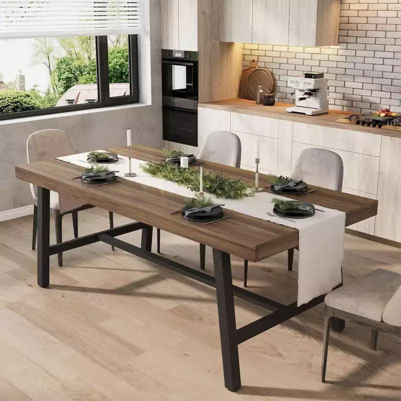 Table à manger industrielle 70,87" pour 6 à 8 personnes – Plateau en bois, cadre métallique robuste, marron rustique