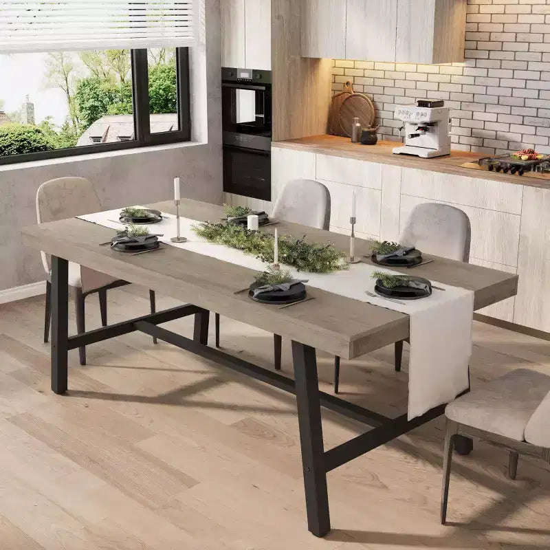 Table à manger industrielle 70,87" pour 6 à 8 personnes – Plateau en bois, cadre métallique robuste, marron rustique