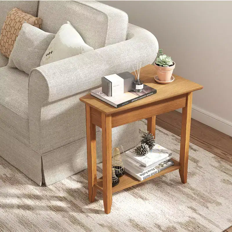 Table d'appoint irrégulière à 2 niveaux – Table de chevet étroite pour canapé avec étagère de rangement, Noyer
