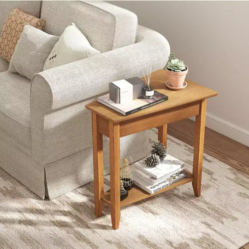 Table d'appoint irrégulière à 2 niveaux – Table de chevet étroite pour canapé avec étagère de rangement, Noyer