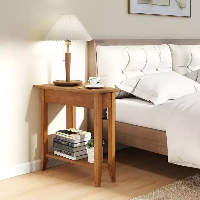 Table d'appoint irrégulière à 2 niveaux – Table de chevet étroite pour canapé avec étagère de rangement, Noyer