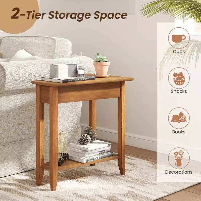 Table d'appoint irrégulière à 2 niveaux – Table de chevet étroite pour canapé avec étagère de rangement, Noyer