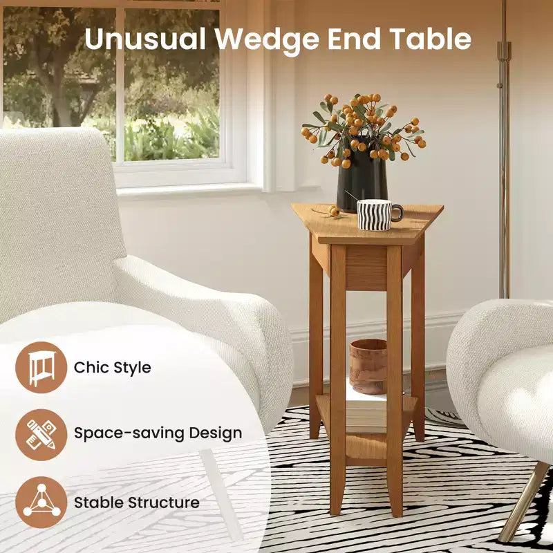 Table d'appoint irrégulière à 2 niveaux – Table de chevet étroite pour canapé avec étagère de rangement, Noyer