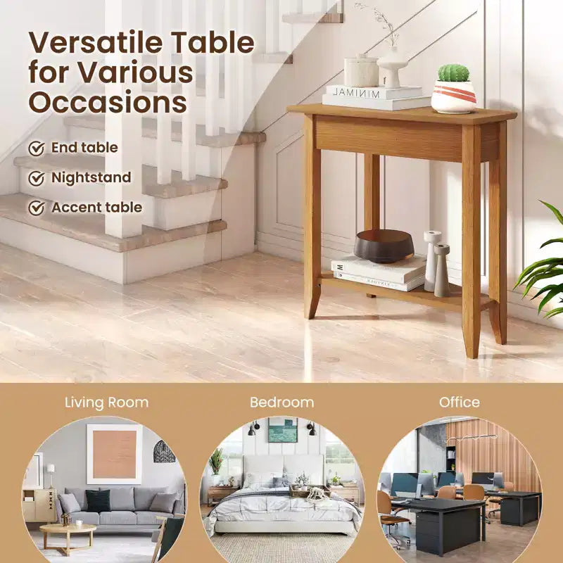 Table d'appoint irrégulière à 2 niveaux – Table de chevet étroite pour canapé avec étagère de rangement, Noyer