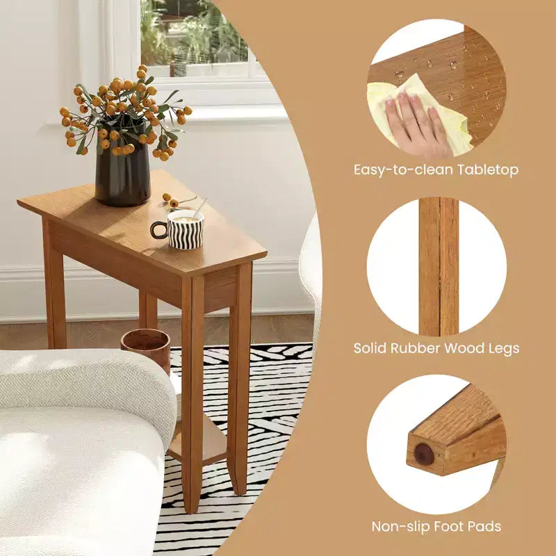 Table d'appoint irrégulière à 2 niveaux – Table de chevet étroite pour canapé avec étagère de rangement, Noyer