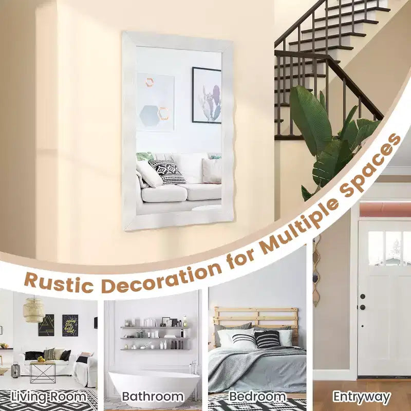 Miroir mural de ferme 42" × 28" – Cadre en bois d'hévéa massif, style rustique