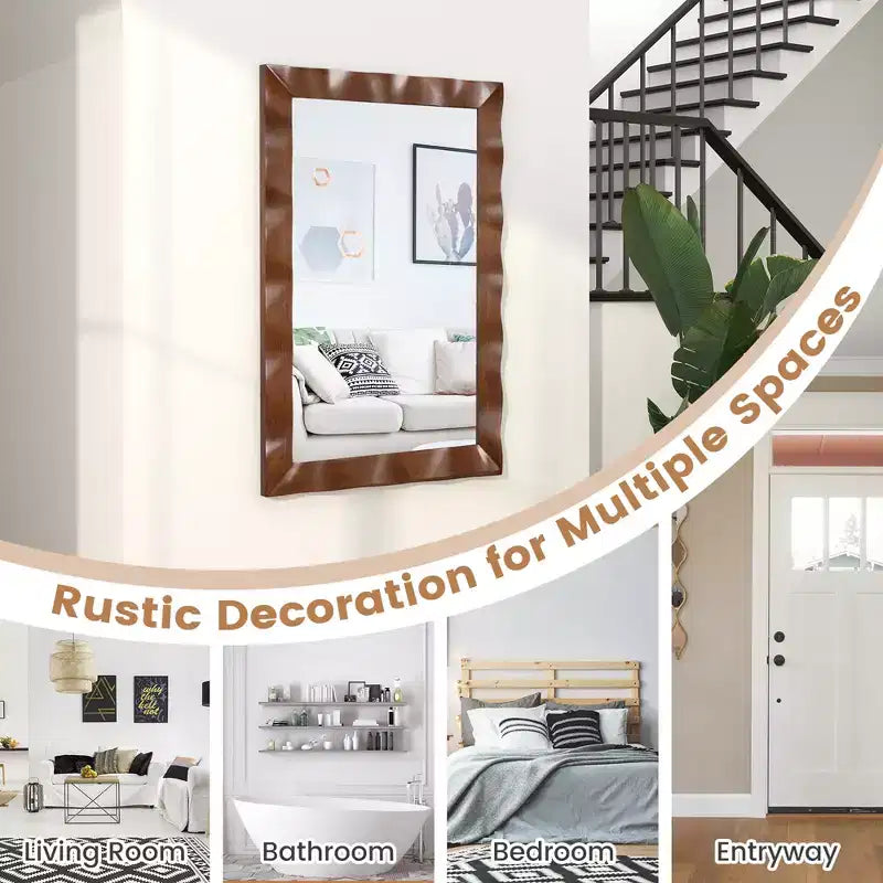 Miroir mural de ferme 42" × 28" – Cadre en bois d'hévéa massif, style rustique