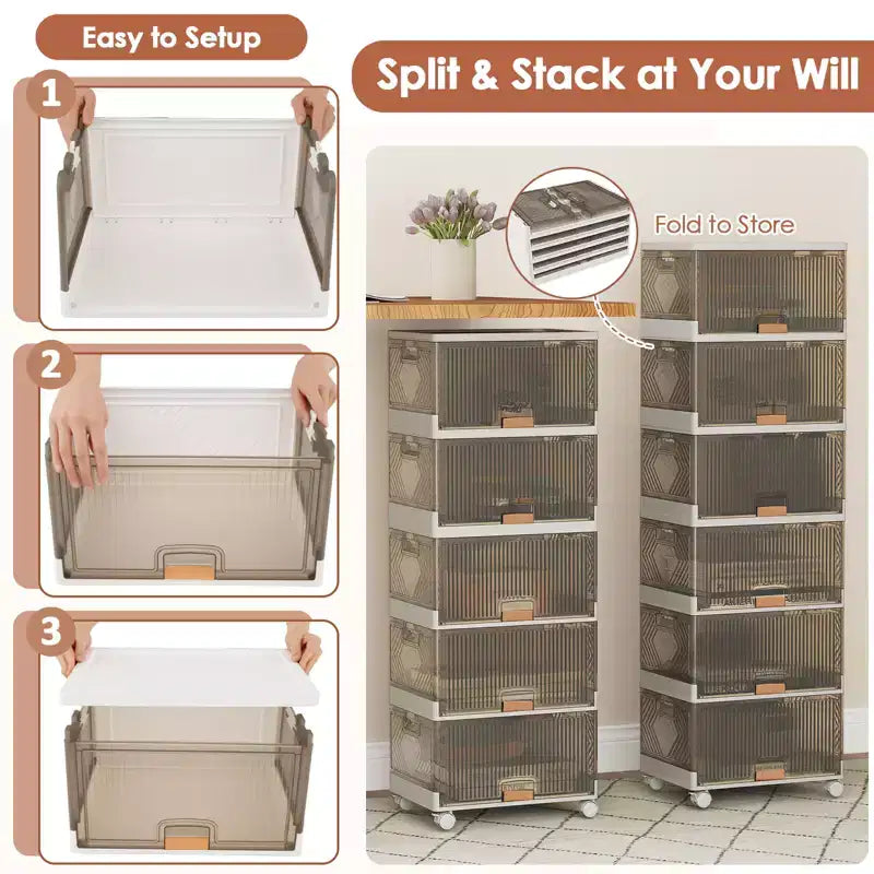 Boîtes de rangement empilables 6 cubes – Boîtes à chaussures pliables avec roulettes détachables