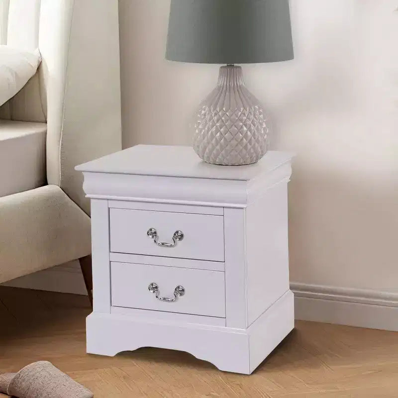 Table de chevet moderne classique de 60 cm – 2 tiroirs, poignées tombantes, bois massif, blanc