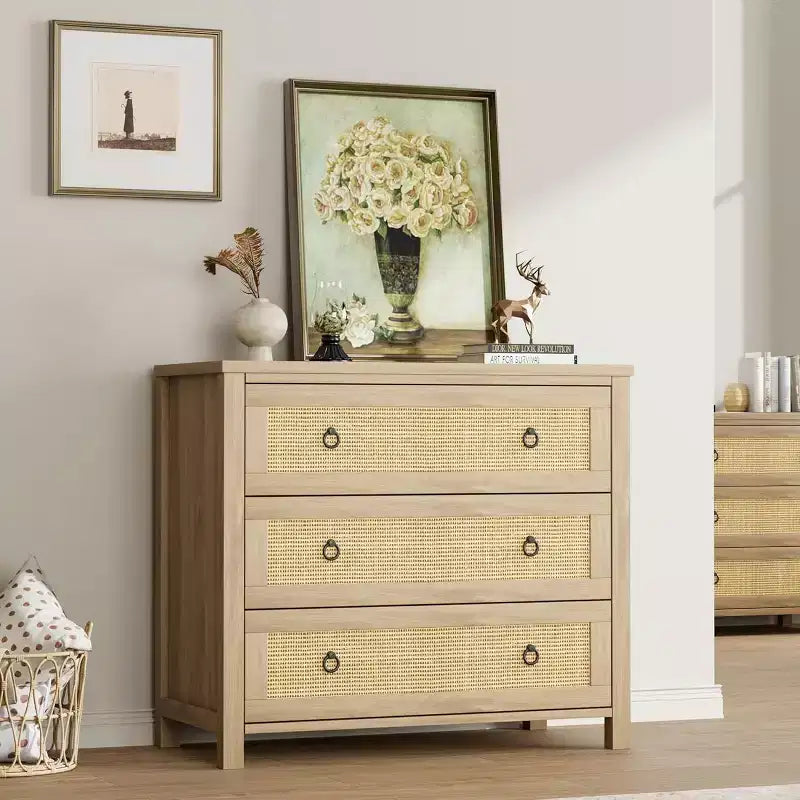 Natural Rattan 3 Drawer Dresser - Freestanding Storage Cabinet with Anti-Tip Design, Extra Deep Drawers for Bedroom, Nursery, Living Room, Office