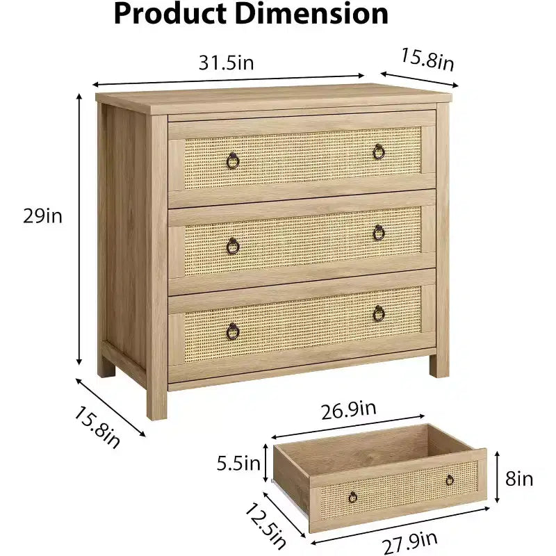 Commode à 3 tiroirs en rotin naturel - Meuble de rangement autoportant avec dispositif anti-basculement, tiroirs extra-profonds pour chambre à coucher, chambre d'enfant, salon, bureau