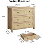 Commode à 3 tiroirs en rotin naturel - Meuble de rangement autoportant avec dispositif anti-basculement, tiroirs extra-profonds pour chambre à coucher, chambre d'enfant, salon, bureau