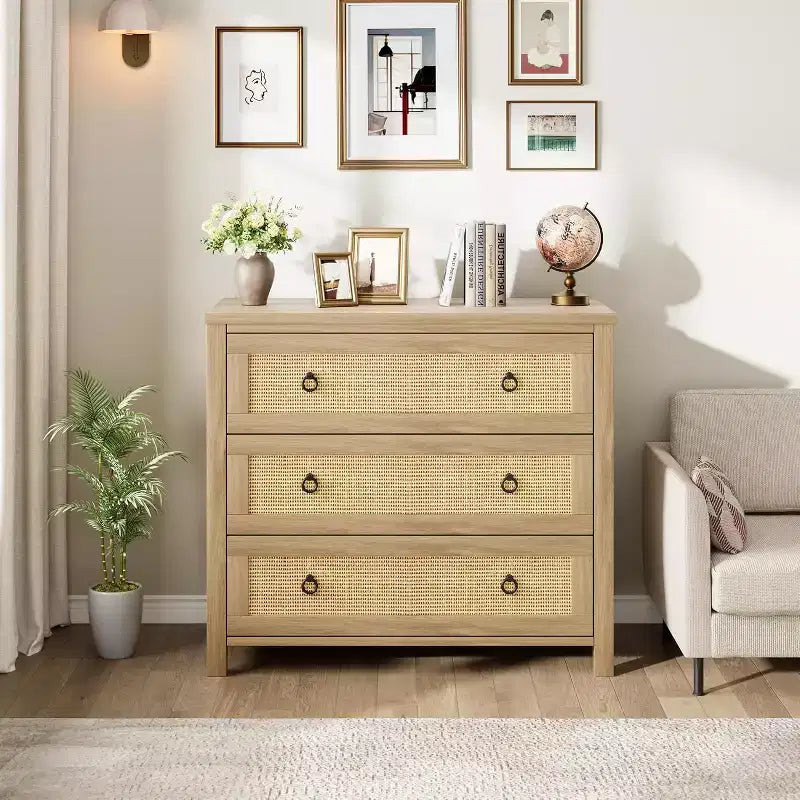 Commode à 3 tiroirs en rotin naturel - Meuble de rangement autoportant avec dispositif anti-basculement, tiroirs extra-profonds pour chambre à coucher, chambre d'enfant, salon, bureau